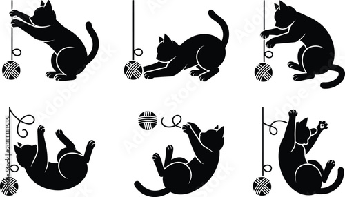 Konstfotografi Black cat silhouettes playing with yarn balls in various funny poses, silhouette