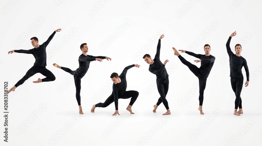 Fototapeta premium Male dancer performing various poses in black dancewear on white background 