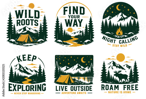 Vintage outdoor adventure t-shirt graphics collection. Retro wilderness camping emblems set with mountains, forest pine trees, tent, moose, and campfire vector illustrations.