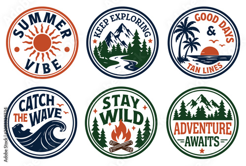 Retro circle adventure and summer badge collection. Vintage outdoor emblem set with ocean wave, campfire, mountain landscape, palm trees, and sun rays vector logos.