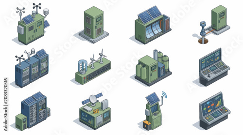 Isometric Green Technology Buildings and Devices Collection.