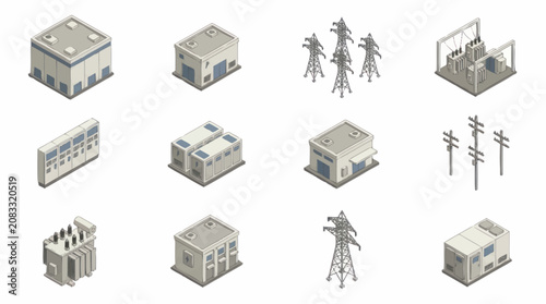 Isometric illustration of buildings and power lines.