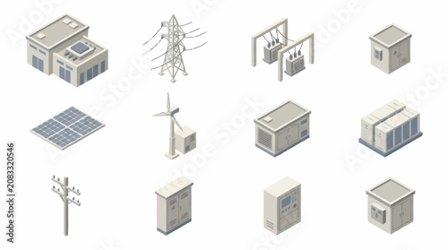 Isometric illustration of industrial and renewable energy infrastructure.