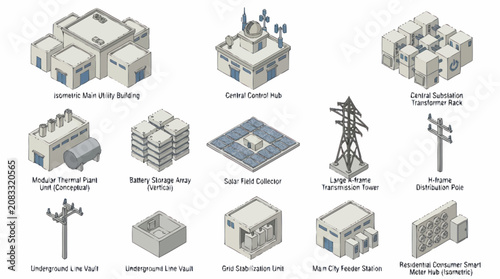 Isometric illustration of urban infrastructure and buildings.