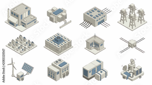 Isometric illustrations of modern buildings and industrial structures.