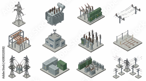 Isometric illustrations of various industrial and power facilities.