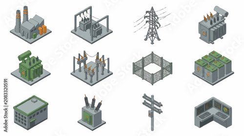Isometric Industrial Buildings and Infrastructure Set.