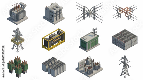 Isometric Industrial Buildings and Power Lines Collection.