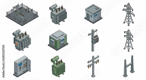 Bild auf Leinwand Isometric Industrial Power Equipment and Transmission Lines.