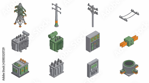 Isometric Industrial Equipment and Power Lines Collection.