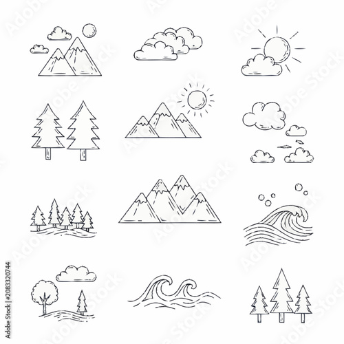 Minimalist line art icons of nature and weather elements.