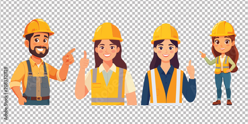 Diverse construction workers in safety gear pointing and smiling on transparent background for design use