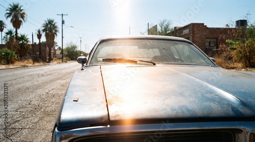Old car parked on a deserted road in a sunny town with palm trees