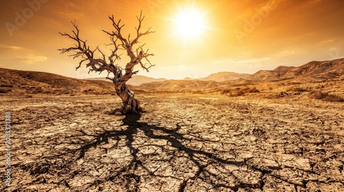 A barren tree stands alone in a dry and cracked desert landscape under a bright sun