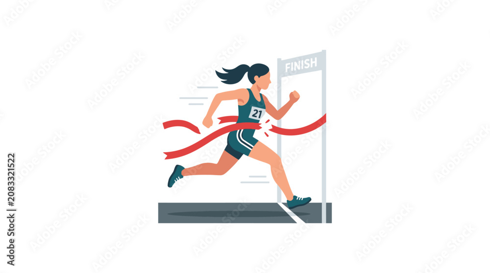 Fototapeta premium Woman runner breaking finish line ribbon, achieving goal, winning race, athletic sport