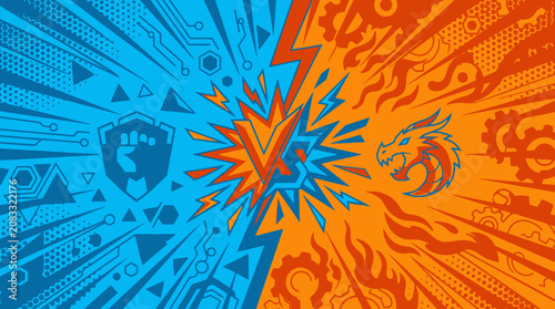 Fond d'écran de combat stylisé avec un poing dans un bouclier bleu et un dragon orange, séparés par un logo VS central sur un arrière-plan dynamique de style jeu vidéo.