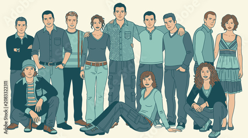 Illustration de groupe diversifié de jeunes adultes hommes et femmes debout et assis ensemble, style dessin animé avec une palette de couleurs bleu sarcelle et beige.