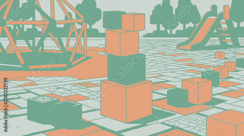 Eine stilisierte Illustration eines Spielplatzes mit geometrischen Blöcken, einem Klettergerüst und einer Rutsche in einer modernen, zweifarbigen Grafikdarstellung.