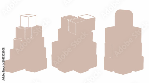 Drei abstrakte Stapel aus geometrischen Würfeln in einem sanften Beigeton auf weißem Hintergrund, dargestellt als minimalistische grafische Illustration für Designprojekte.