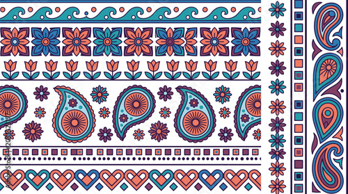 Nahtloses horizontales und vertikales Bordürenmuster mit Paisley-Motiven, floralen Elementen, Wellenlinien und geometrischen Formen in Blau, Koralle und Violett auf weißem Hintergrund.