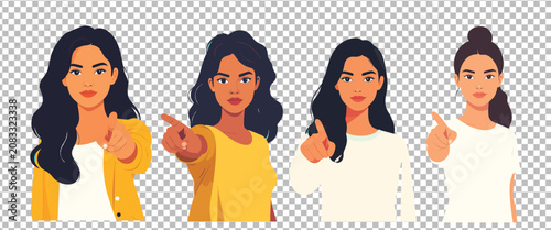 Four cartoon women pointing and looking with different expressions on transparent background