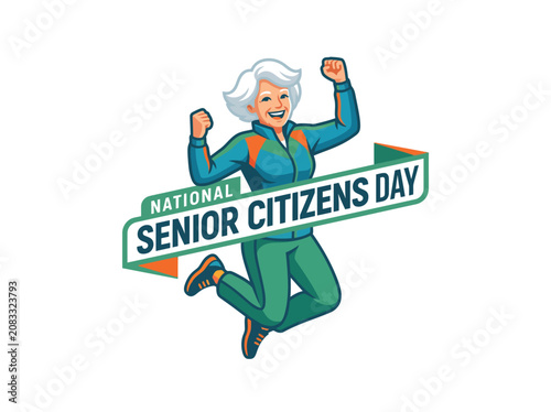 Happy senior citizen woman jumping in athletic wear for National Senior Citizens Day celebration illustration