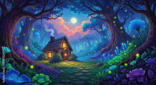 Enchanted cottage in glowing fantasy forest under moonlight.