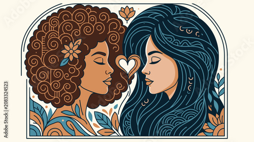 Ilustração artística de duas mulheres de perfis diferentes, com cabelos detalhados e um coração central, celebrando a diversidade, a conexão humana e o amor em um estilo gráfico elegante.