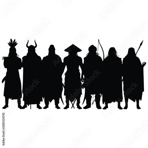 Diverse historical warriors standing together vector illustration silhouette design set.