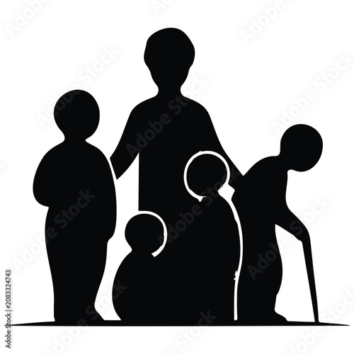 Extended family vector silhouette illustration of various generations including grandparents.