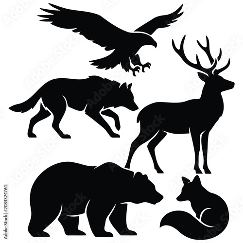 Forest wildlife silhouette vector illustration featuring bear wolf deer eagle and fox art.