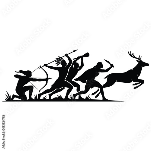 Group of indigenous hunters tracking deer vector illustration silhouette graphic design.
