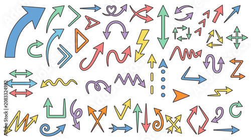 Eine umfangreiche Sammlung handgezeichneter bunter Pfeile und Symbole im Doodle-Stil auf weißem Hintergrund für kreative Designprojekte und grafische Illustrationen.