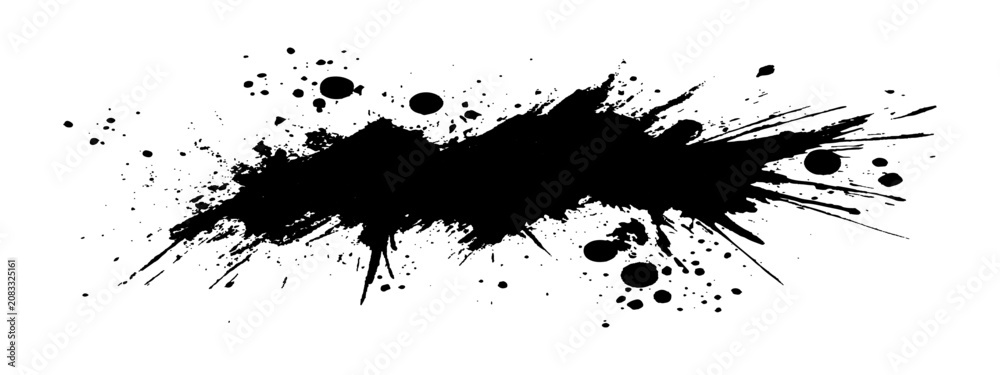 Obraz premium Abstract black ink splatter grunge brush stroke graphic element texture for creative background design vector illustration.