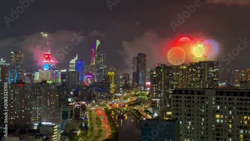 Ho Chi Minh City, Vietnam July 2, 2026 4k video of epic fire work for The 50th anniversary celebration of the day the city of Saigon - Gia Dinh was officially and honorably renamed Ho Chi Minh City