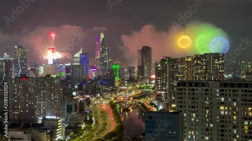 Ho Chi Minh City, Vietnam July 2, 2026 4k video of epic fire work for The 50th anniversary celebration of the day the city of Saigon - Gia Dinh was officially and honorably renamed Ho Chi Minh City