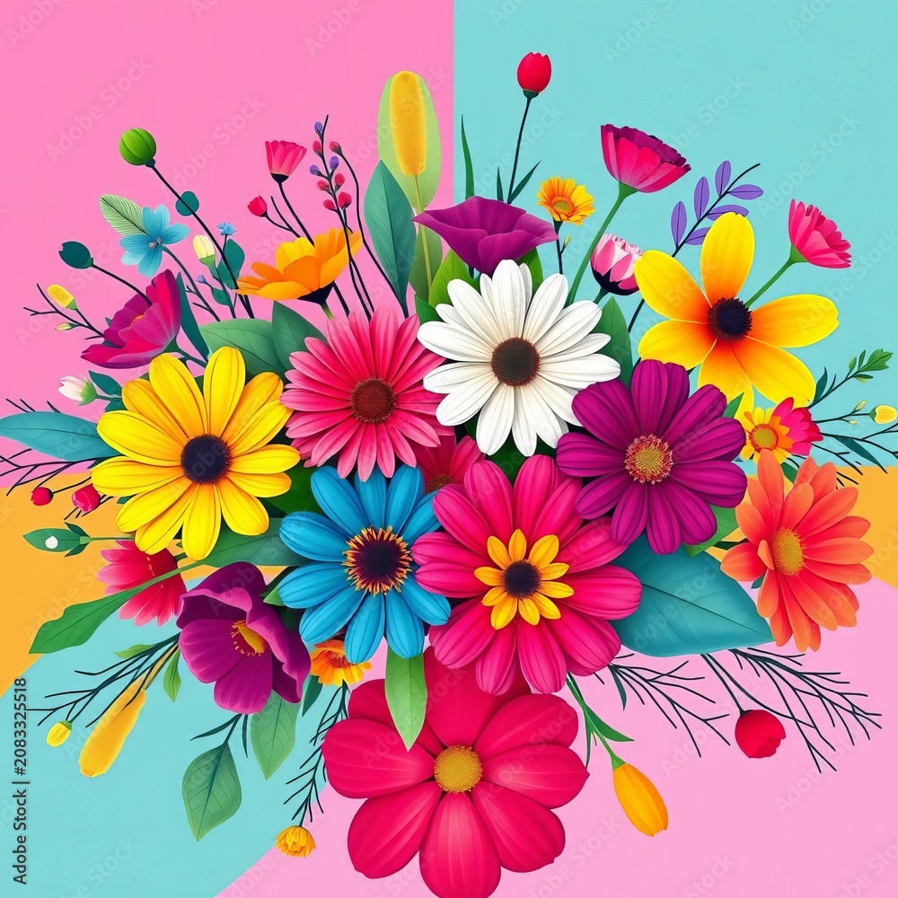 Fototapeta premium Vibrant floral arrangement with clean lines and geometric shapes, perfect for graphic design projects, vibrant, illustration