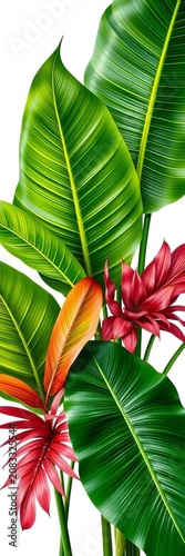Vibrant tropical foliage with monstera palm, banana leaves, saw palmetto, and calathea isolated on a white background, watercolor illustration, nature