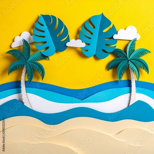 Paper cut summer beach background with palm trees, monstera leaves, and sea waves on yellow background