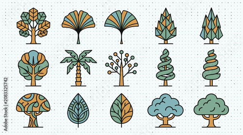 Set von verschiedenen stilisierten Baum-Symbolen in einem modernen, geometrischen Linien-Design mit einer Farbpalette aus Blau- und Orangetönen auf einem gepunkteten Hintergrund.