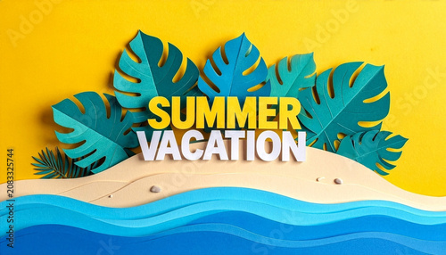 Paper cut summer vacation text background with monstera leaves and sea waves on yellow background