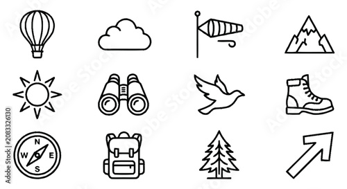 Tableau sur toile Hikers prepare for adventure with gear and icons on a scenic outdoor background with (252)