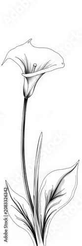 Elegant black and white drawing of a calla lily with long, slender stems and trumpet-shaped flowers, black and white, slender