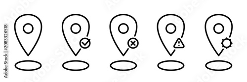 Location permission line icons set with allow, deny, warning and settings states. Modern UI vector symbols for GPS access, geolocation services, navigation and mobile applications.