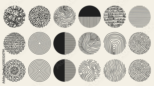 Eine Sammlung von 18 handgezeichneten abstrakten Kreisen mit verschiedenen geometrischen Mustern, Linien, Punkten und Texturen auf einem hellen, cremefarbenen Hintergrund für grafische Designs.