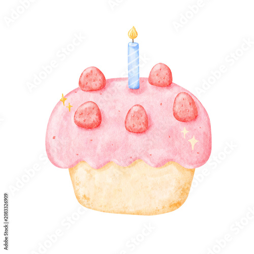 Cute Strawberries Birthday Cake with a candle watercolor illustration