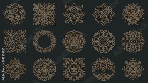 Ensemble de motifs ornementaux circulaires et carrés de style mandala avec des détails floraux complexes et des lignes dorées élégantes sur un fond sombre pour des projets de design