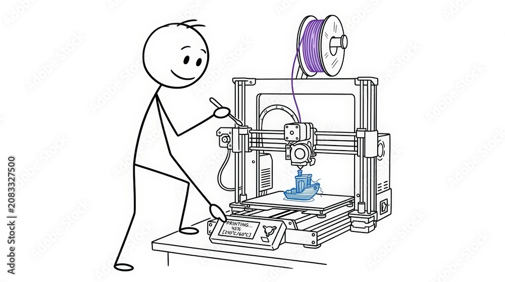 Fototapeta premium 3D Printing Stick Figure Man Operating Machine on Desk Isolated White Background