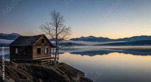 Rustic log cabin on rocky lakeshore with mountain reflection.