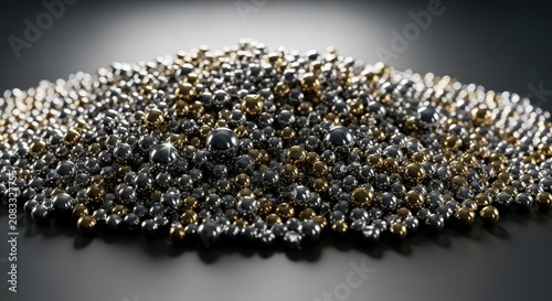 Heap of polished silver and gold chrome spheres.